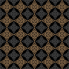 Background pattern. Modern geometric texture. Seamless pattern for wallpaper design. Gold and gray ornament on a black background