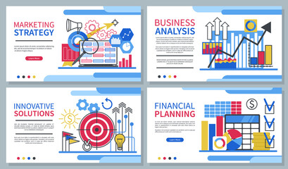 Business website designs set. Landing pages templates. Marketing strategy, innovative solutions, business analytics and financial planning concepts. Vector illustration.