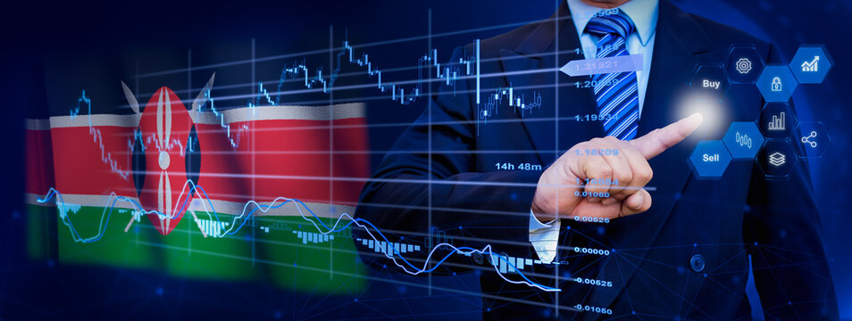 Businessman touching data analytics process system with KPI financial charts, dashboard of stock and marketing on virtual interface. With Kenya flag in background.