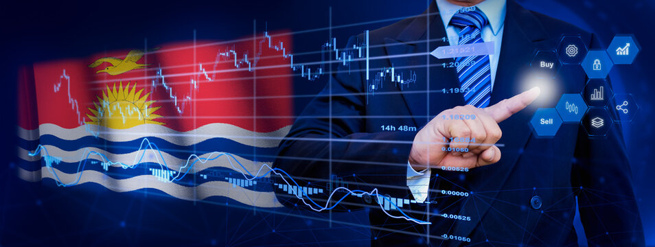 Businessman touching data analytics process system with KPI financial charts, dashboard of stock and marketing on virtual interface. With Kiribati flag in background. - Powered by Adobe