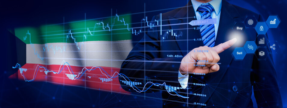 Businessman touching data analytics process system with KPI financial charts, dashboard of stock and marketing on virtual interface. With Kuwait flag in background. - Powered by Adobe