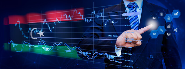 Businessman touching data analytics process system with KPI financial charts, dashboard of stock and marketing on virtual interface. With Libya flag in background.
