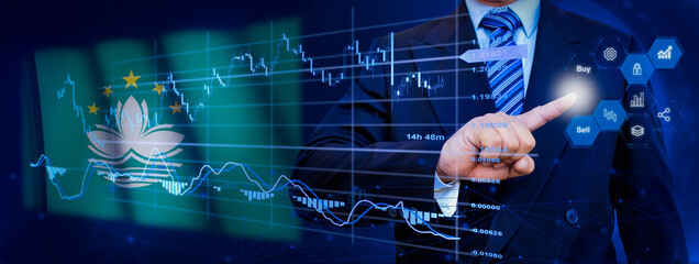Businessman touching data analytics process system with KPI financial charts, dashboard of stock and marketing on virtual interface. With Macau flag in background.