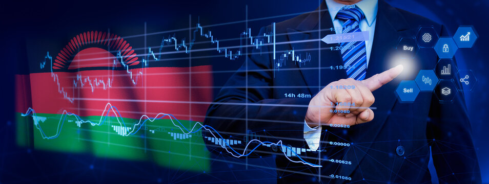 Businessman touching data analytics process system with KPI financial charts, dashboard of stock and marketing on virtual interface. With Malawi flag in background.