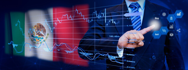 Businessman touching data analytics process system with KPI financial charts, dashboard of stock and marketing on virtual interface. With Mexico flag in background.