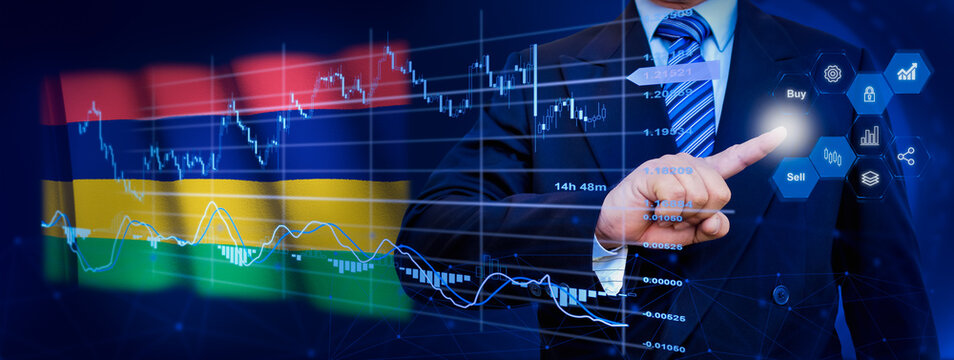 Businessman touching data analytics process system with KPI financial charts, dashboard of stock and marketing on virtual interface. With Mauritius flag in background. - Powered by Adobe