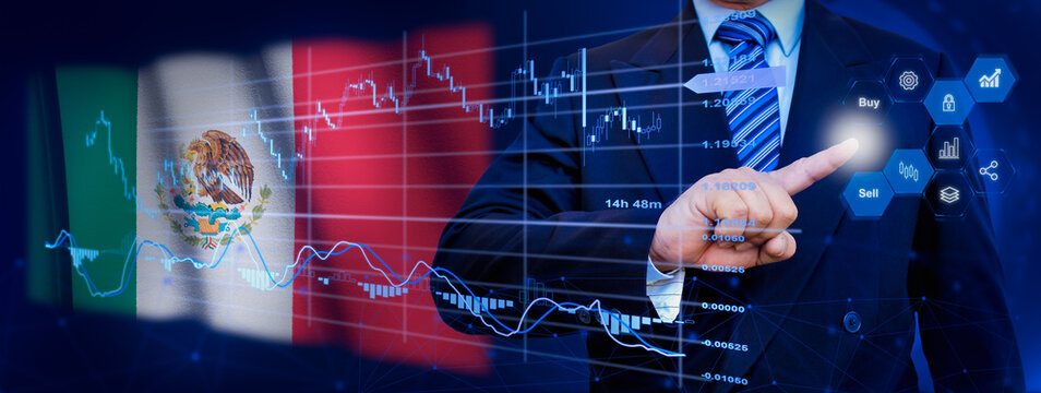 Businessman touching data analytics process system with KPI financial charts, dashboard of stock and marketing on virtual interface. With Mexico flag in background.