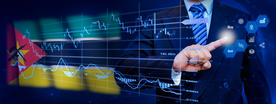 Businessman touching data analytics process system with KPI financial charts, dashboard of stock and marketing on virtual interface. With Mozambique flag in background.