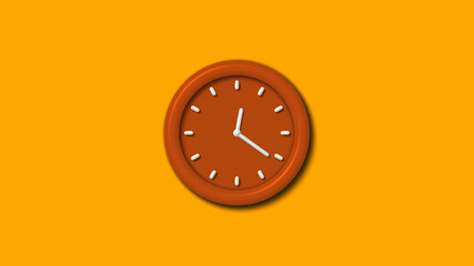Brown color 3d wall clock on orange background