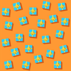 Set of blue gift boxes with golden ribbon and bow. Gift boxes randomly scattered on orange background. Complementary color scheme. Vector 3d illustration