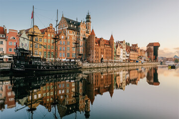Cityscape of Gdansk old town on the river Motlawa, Poland
