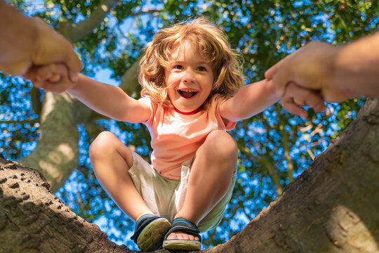 Father helping son climb a tree. Happy boy climbing a tree during summer time. Fathers hand. Child protection. - Powered by Adobe