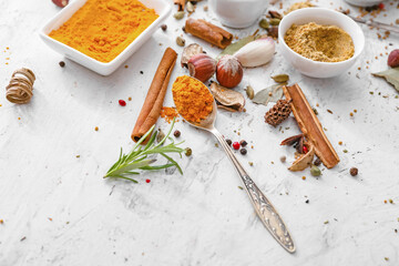 Different aromatic spices on white background
