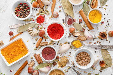 Bowls with different aromatic spices on white background