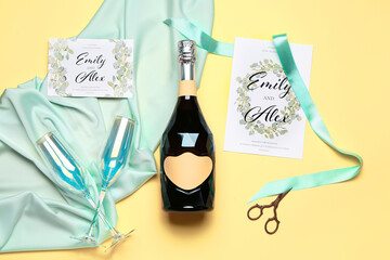 Wedding composition with bottle of champagne on color background