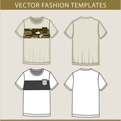 Army t-shirt men fashion flat sketch template. t-shirt front and back view.
