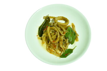 spicy stir fried bamboo shoot and squid with curry on plate
