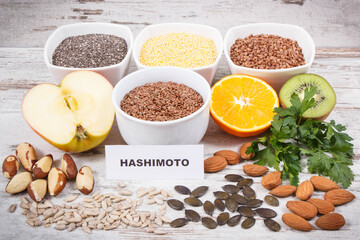 Inscription hashimoto with products and ingredients as source vitamins for healthy thyroid