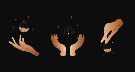 Set of female hands. Witch magic and occult collection. Different vector hand gestures with sword, stars and crystal. Abstract logo for tarot cards, logo, tattoo, spiritual poster. - obrazy, fototapety, plakaty