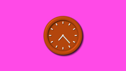 12 hours brown color 3d wall clock on pink background ,3d clock