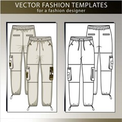 Pants fashion flat sketch template, cargo pant front and back .