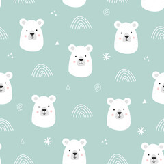 Seamless pattern with cute hand drawn smiling white bear. Cartoon zoo. Vector illustration. Animal for the design of children products in scandinavian style.