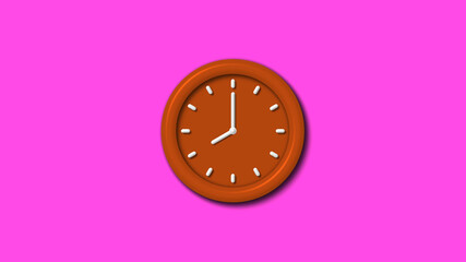 12 hours brown color 3d wall clock on pink background ,3d clock