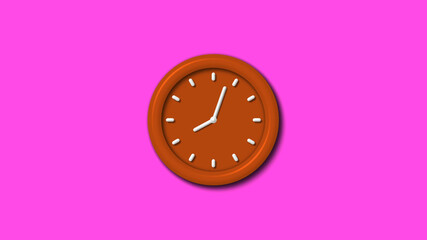 12 hours brown color 3d wall clock on pink background ,3d clock