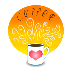 A cup of hot black coffee, from which steam rises to the inscription 