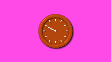 12 hours brown color 3d wall clock on pink background ,3d clock