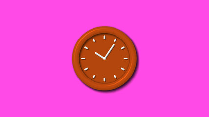 12 hours brown color 3d wall clock on pink background ,3d clock