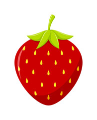 Strawberry with green leaves isolated on white background, flat design, fruit vector illustration