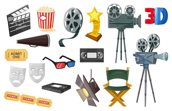 Cinema vector icons with cartoon movie camera, film reel and video tape, popcorn, 3d glasses, tickets and movie director chair, theater masks, clapperboard and megaphone. Entertainment industry design