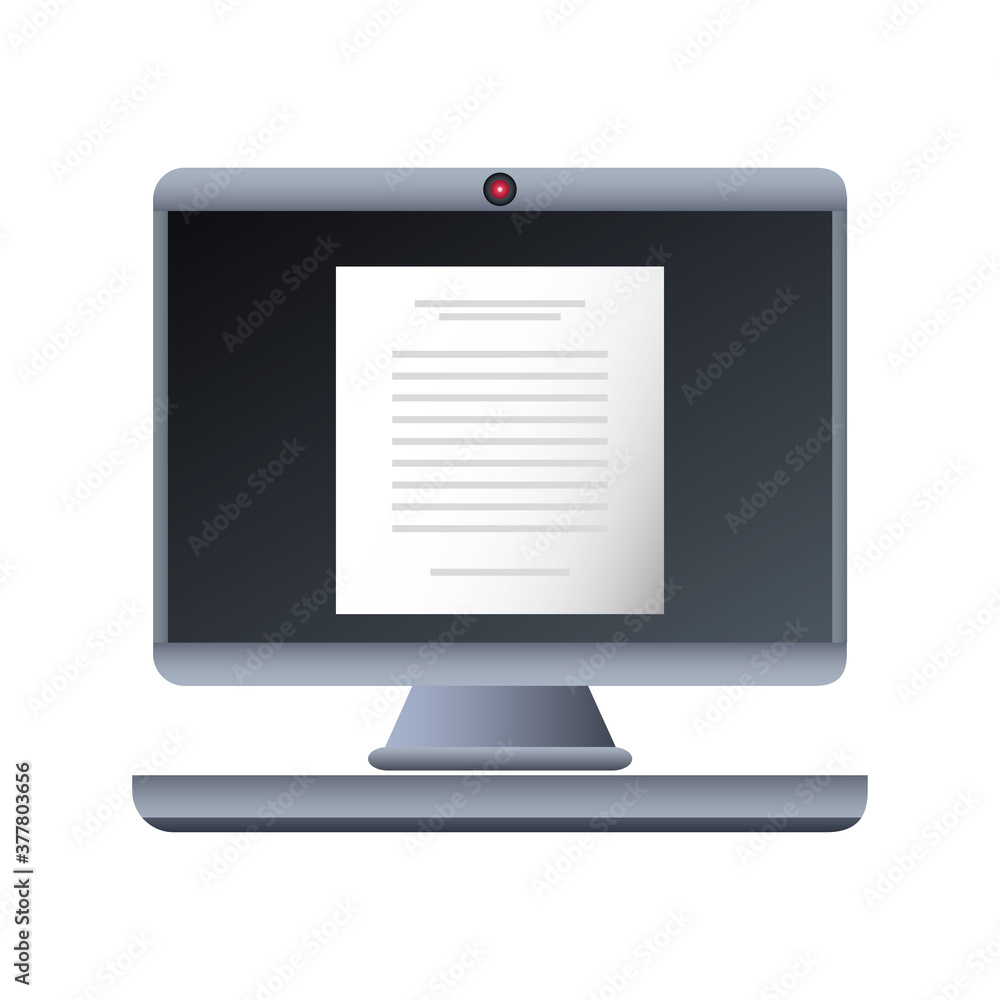 Poster desktop computer with search symbol on white background