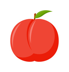 Nectarine with green leaves isolated on white background, flat design, fruit vector illustration