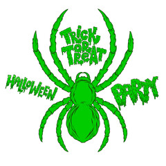 Halloween party. Lettering phrase with illustration of spider. Design element for poster, card, banner, sign, t shirt. Vector illustration