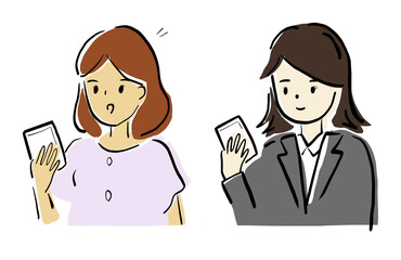 Fototapeta premium 携帯電話、女性の手書きベクターイラスト