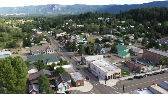 Drone / aerial footage of downtown Roslyn, a small city in Kittitas County in the Cascade mountains near Cle Elum and Seattle, Washington