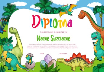 Kids diploma with cartoon dinosaurs, cute vector dragons, funny baby dino characters in eggs. School, kindergarten certificate with prehistoric Jurassic period animals tyrannosaurus rex, pterodactyl © Buch&Bee