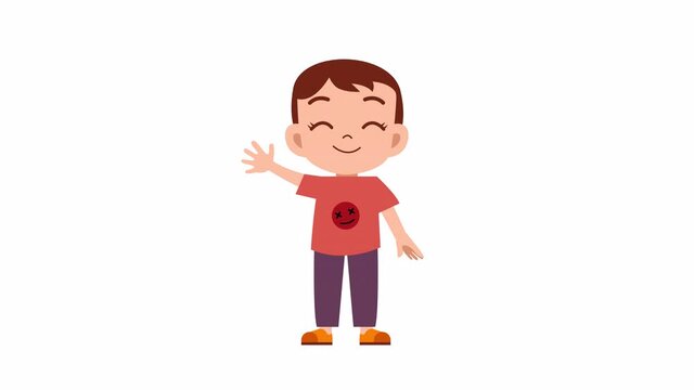 The child is waving his hand on the white background