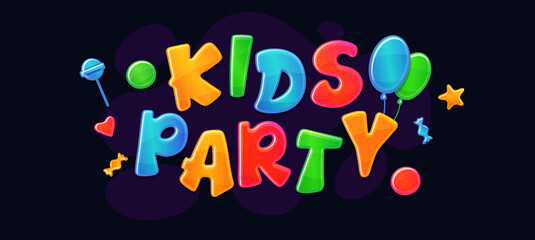 Kids party banner or flyer with colorful letters and balloons vector illustration.