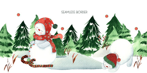 Watercolor hand painted winter seamless border with cute snowmen, Christmas tree, garland, Christmas balls, gifts.
