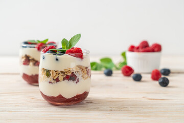 homemade raspberry and blueberry with yogurt and granola