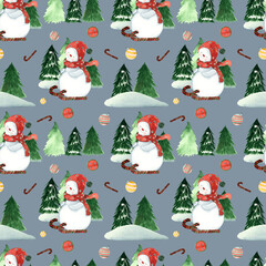 Watercolor hand painted winter seamless pattern with cute snowmen, Christmas tree, garland, Christmas balls, gifts, branches, berries, twigs.
