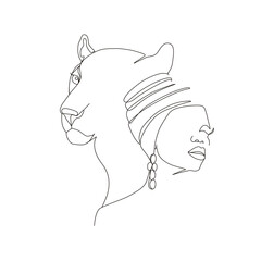 Continuous line art or One Line Drawing. African woman and leopard vector illustration, нuman and animal friendship concept. Animals of Africa