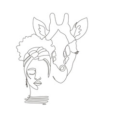 Continuous line art or One Line Drawing. African woman and giraffe vector illustration, нuman and animal friendship concept. Animals of Africa