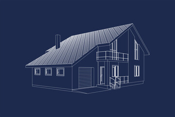 3D linear architectural sketch detached suburban house. Vector blueprint.