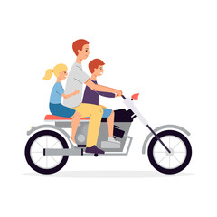 Fototapeta na wymiar Father with children riding a motorcycle flat vector illustration isolated.