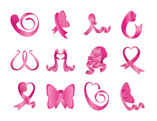 set of pink ribbons, badges, breast cancer awareness on white background