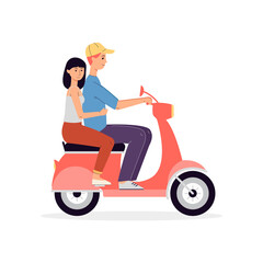 Man and woman riding motorcycle flat vector illustration isolated on white.